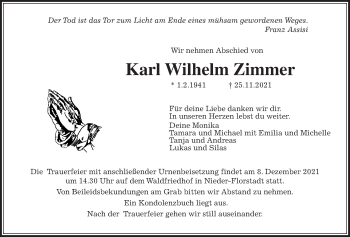 Traueranzeige von KarlWilhelm Zimmer von Wetterauer Zeitung