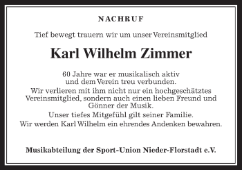 Traueranzeige von KarlWilhelm Zimmer von Wetterauer Zeitung