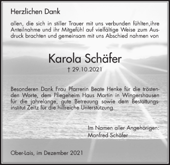 Traueranzeige von Karola Schäfer von Kreis-Anzeiger