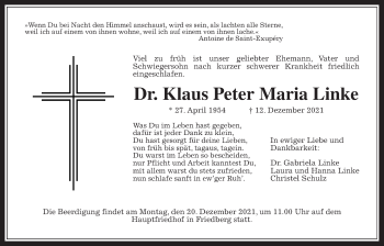 Traueranzeige von Klaus Peter Maria Linke von Wetterauer Zeitung
