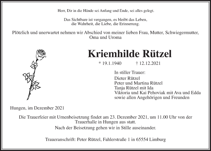  Traueranzeige für Kriemhilde Rützel vom 18.12.2021 aus Giessener Allgemeine, Alsfelder Allgemeine