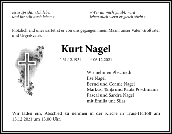 Traueranzeige von Kurt Nagel von Giessener Allgemeine, Alsfelder Allgemeine