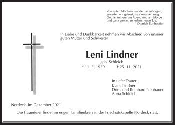 Traueranzeige von Leni Lindner von Giessener Allgemeine, Alsfelder Allgemeine, Giessener Anzeiger, Allendorfer Mitteilungen