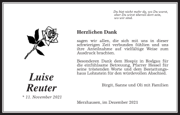 Traueranzeige von Luise Reuter von Usinger Anzeiger
