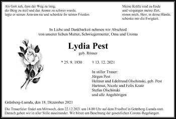 Traueranzeige von Lydia Pest von Giessener Allgemeine, Alsfelder Allgemeine, Giessener Anzeiger