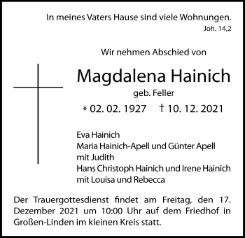 Traueranzeige von Magdalena Hainich von Giessener Allgemeine, Alsfelder Allgemeine, Giessener Anzeiger