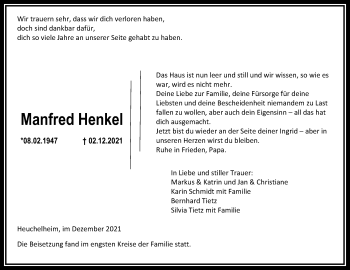Traueranzeige von Manfred Henkel von Giessener Allgemeine, Alsfelder Allgemeine, Giessener Anzeiger