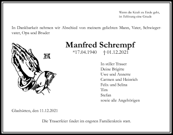 Traueranzeige von Manfred Schrempf von Kreis-Anzeiger