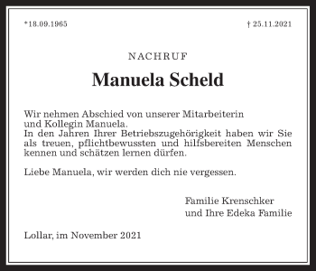 Traueranzeige von Manuela Scheld von Giessener Allgemeine, Alsfelder Allgemeine