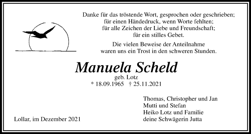 Traueranzeige für Manuela Scheld vom 18.12.2021 aus Giessener Allgemeine, Alsfelder Allgemeine, Giessener Anzeiger