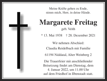 Traueranzeige von Margarete Freitag von Wetterauer Zeitung