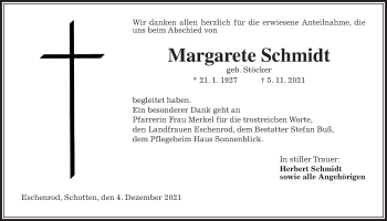 Traueranzeige von Margarete Schmidt von Kreis-Anzeiger