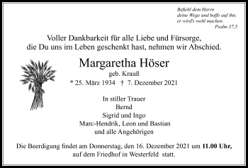 Traueranzeige von Margaretha Höser von Usinger Anzeiger