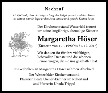 Traueranzeige von Margaretha Höser von Usinger Anzeiger