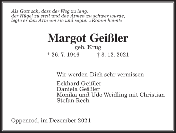 Traueranzeige von Margot Geißler von Giessener Allgemeine, Alsfelder Allgemeine