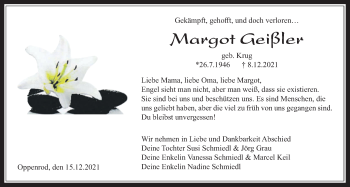 Traueranzeige von Margot Geißler von Giessener Allgemeine, Alsfelder Allgemeine