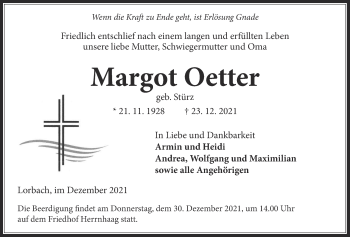 Traueranzeige von Margot Oetter von Kreis-Anzeiger