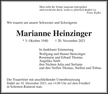 Traueranzeige von Marianne Heinzinger von Kreis-Anzeiger