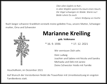 Traueranzeige von Marianne Kreiling von Giessener Anzeiger