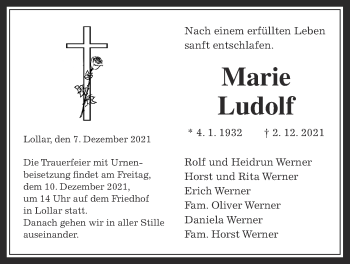 Traueranzeige von Marie Ludolf von Giessener Allgemeine, Alsfelder Allgemeine, Giessener Anzeiger