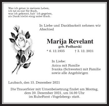 Traueranzeige von Marija Revelant von Laubacher Anzeiger, Heimatzeitung Grünberg + Laubach