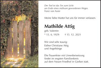 Traueranzeige von Mathilde Attig von Giessener Allgemeine, Alsfelder Allgemeine, Giessener Anzeiger