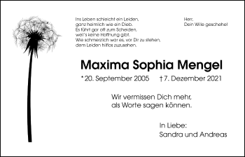 Traueranzeige von Maxima Sophia Mengel von Wetterauer Zeitung