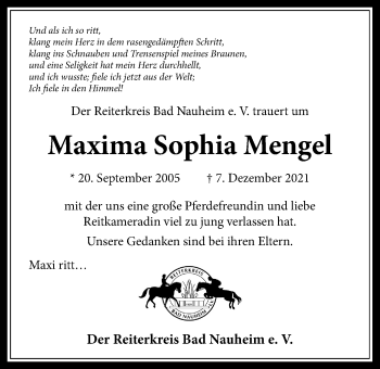 Traueranzeige von Maxima Sophia Mengel von Wetterauer Zeitung