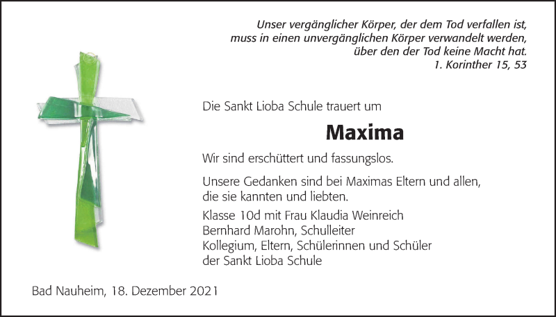  Traueranzeige für Maxima Sophia Mengel vom 18.12.2021 aus Wetterauer Zeitung
