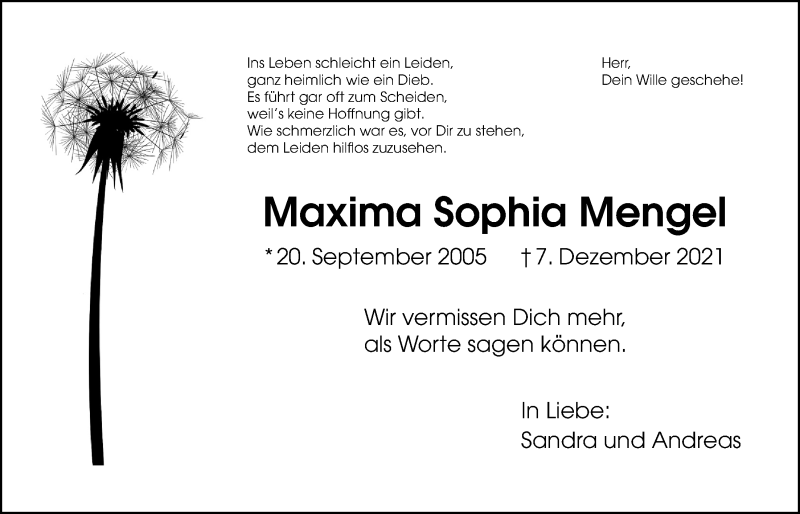  Traueranzeige für Maxima Sophia Mengel vom 18.12.2021 aus Wetterauer Zeitung