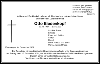 Traueranzeige von Otto Biedenkopf von Giessener Allgemeine, Alsfelder Allgemeine, Mücker Stimme