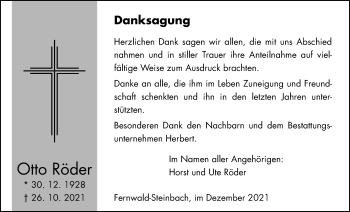 Traueranzeige von Otto Röder von Giessener Allgemeine, Alsfelder Allgemeine, Giessener Anzeiger