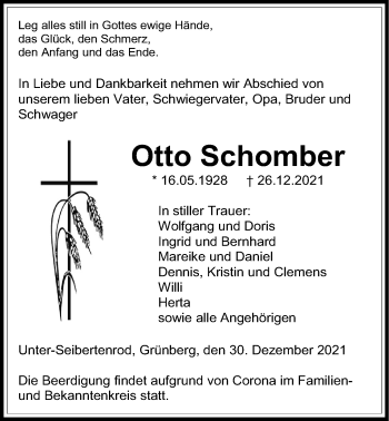 Traueranzeige von Otto Schomber von Giessener Allgemeine, Alsfelder Allgemeine
