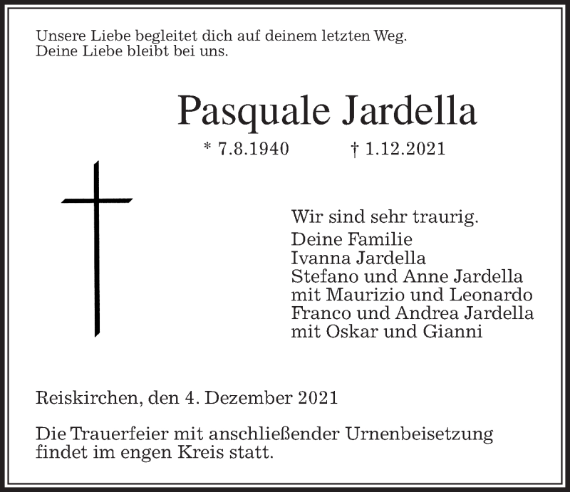  Traueranzeige für Pasquale Jardella vom 04.12.2021 aus Giessener Allgemeine, Alsfelder Allgemeine, Giessener Anzeiger