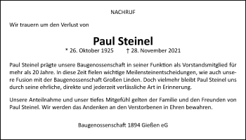Traueranzeige von Paul Steinel von Giessener Allgemeine, Alsfelder Allgemeine, Giessener Anzeiger