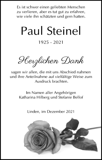 Traueranzeige von Paul Steinel von Giessener Allgemeine, Alsfelder Allgemeine, Giessener Anzeiger