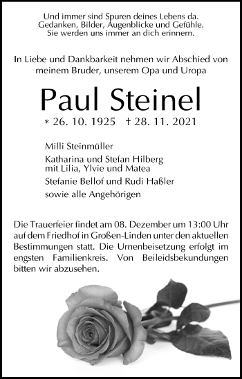Traueranzeige von Paul Steinel von Giessener Allgemeine, Alsfelder Allgemeine, Giessener Anzeiger