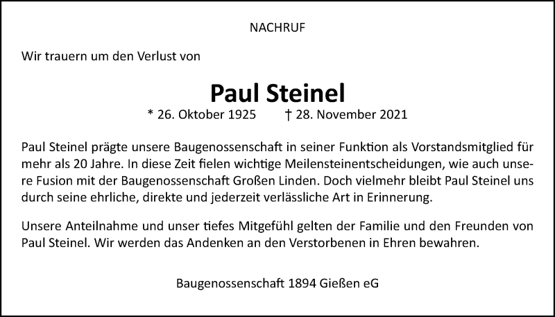  Traueranzeige für Paul Steinel vom 09.12.2021 aus Giessener Allgemeine, Alsfelder Allgemeine, Giessener Anzeiger