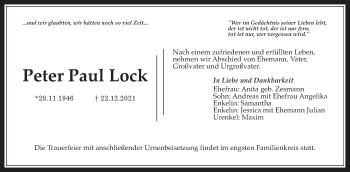 Traueranzeige von Peter Paul Lock von Giessener Allgemeine, Alsfelder Allgemeine