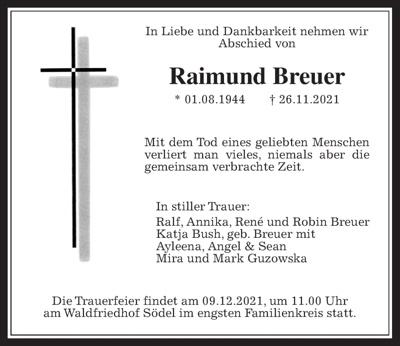  Traueranzeige für Raimund Breuer vom 04.12.2021 aus Wetterauer Zeitung