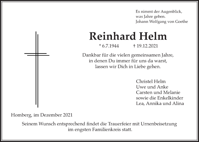  Traueranzeige für Reinhard Helm vom 28.12.2021 aus Giessener Allgemeine, Alsfelder Allgemeine