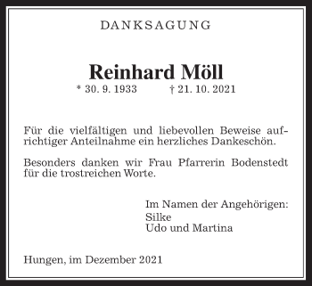 Traueranzeige von Reinhard Möll von Licher Wochenblatt