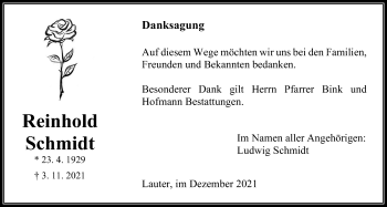 Traueranzeige von Reinhold Schmidt von Laubacher Anzeiger, Giessener Allgemeine, Alsfelder Allgemeine