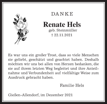 Traueranzeige von Renate Hels von Giessener Allgemeine, Alsfelder Allgemeine, Giessener Anzeiger