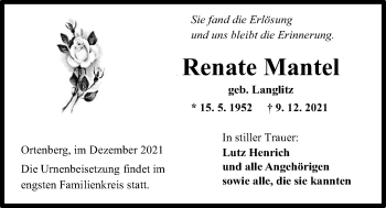 Traueranzeige von Renate Mantel von Kreis-Anzeiger