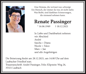 Traueranzeige von Renate Passinger von Giessener Allgemeine, Alsfelder Allgemeine