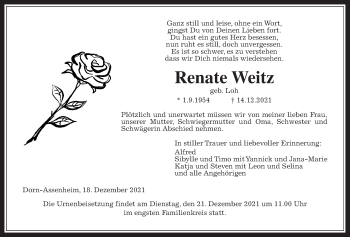 Traueranzeige von Renate Weitz von Wetterauer Zeitung