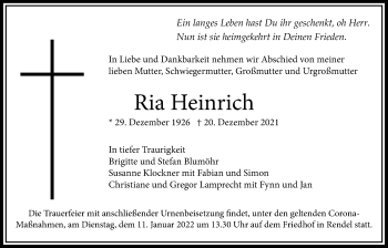 Traueranzeige von Ria Heinrich von Bad Vilbel/Karben