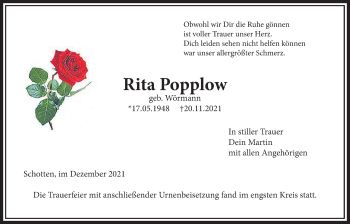 Traueranzeige von Rita Popplow von Kreis-Anzeiger
