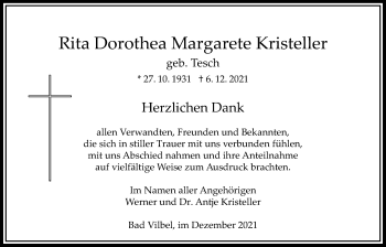Traueranzeige von Rita Dorothea Margarete Kristeller von Bad Vilbel/Karben